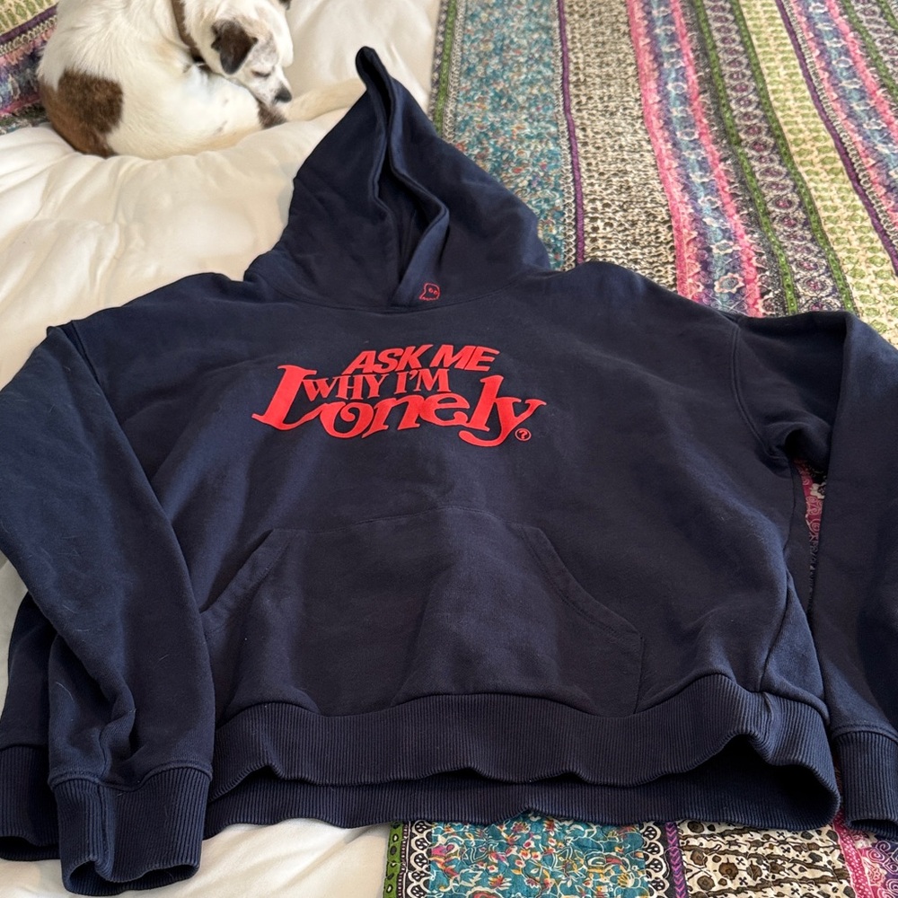 LONELY GHOST Navy Hoodie with Red Print